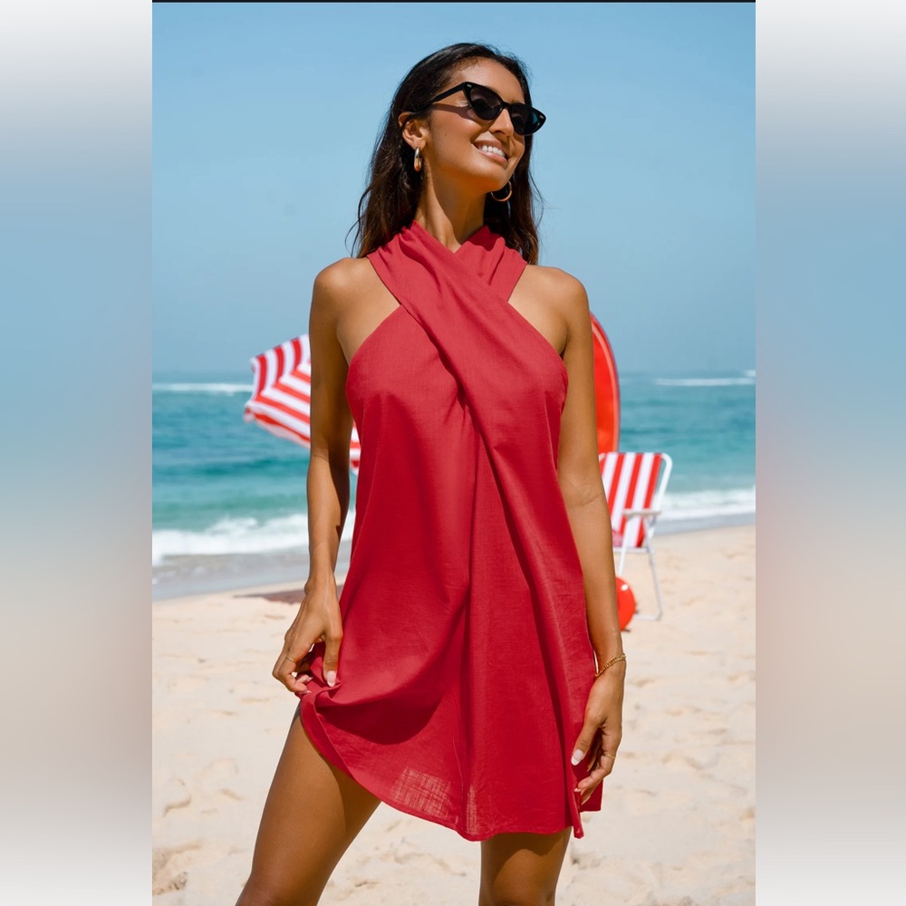 ‼️SOLD‼️ Sunshine Crisscross Halter Dress. Chic Red Halter Beach Dress ‼️SOLD‼️ - Picture 1 of 5